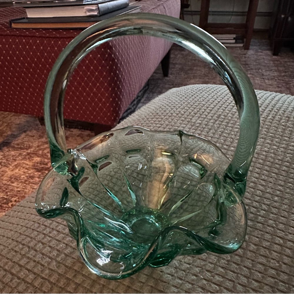 Fenton Green Glass Basket Candy Dish